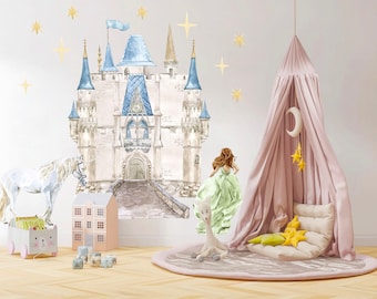 Enchanting Princess Castle Wall Decal Set - Sparkling Stars, Running Princess, and Gallant White Horse - Dreamy Room Decor for Girls - BR181