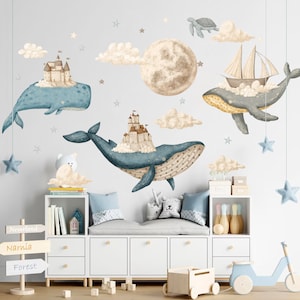 Whimsical Whale Sky Castle Wall Decal - Watercolor Moon Room Decor - BR385