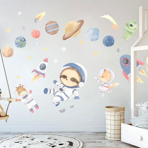 Ruimtedieren ontdekkingsreiziger asteroïden raket koala luiaard giraffe astronaut verwijderbare muursticker - BR120