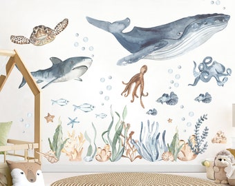 Underwater Adventure with Whale, Shark, Octopus, and Turtle Wall Decal - Removable Peel and Stick - BR410