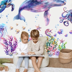 Décal Mural Monde Sous-marin – Baleine, Pieuvre, Tortue – Autocollant Décoratif Enfant