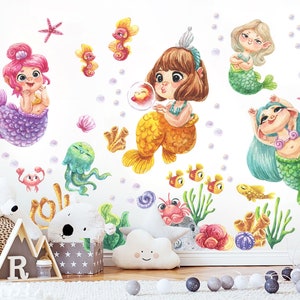 Playful Undersea Mermaids Cartoon Wall Decal - Seahorse Jellyfish Crab & More! Whimsical Watercolor Style for Kids Room - BR307