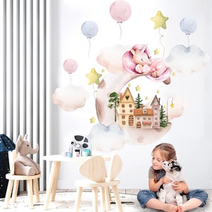 Sleeping Unicorn on Cloud Wall Decal - Castle Balloons Stars - Removable Peel and Stick - BR252