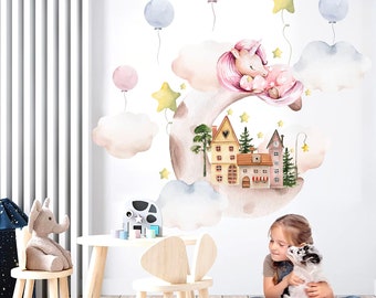 Sleeping Unicorn on Cloud Wall Decal - Castle Balloons Stars - Removable Peel and Stick - BR252