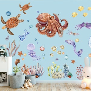 Enchanting Undersea World Cartoon Wall Decal - Whimsical Marine Creatures for Kids Room - BR174