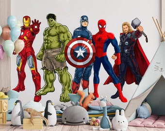 スタンディングスーパーヒーローアベンジャーズウォールデカール - スパイダーマン、キャプテンアメリカ、ハルク、アイアンマン - 男の子の寝室装飾 - BR453