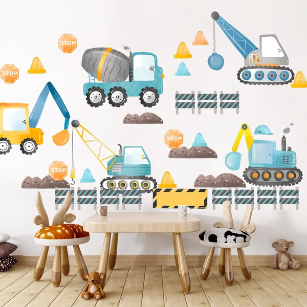 Décalcomanies Murales Véhicules De Chantier & Grue - Set Tissu Pour Chambre D'enfant, Garçon, Décoration Animée Et Colorée