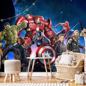 Avengers Universe Wall Mural, Hulk Captain America Thor Ironman Cosmic Kids Room Wallpaper, Boys Superhero Nursery Decor - WM042