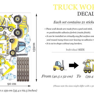 Size chart of the large decal set showing layout of stickers including forklift, road, and crane on a 90 x 159cm sheet
