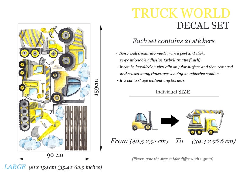 Size chart of the large decal set showing layout of stickers including forklift, road, and crane on a 90 x 159cm sheet