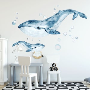 Watercolor Blue Whale Wall Decal – Mum & Baby Ocean Stickers – Nursery Removable Fabric Wall Art for Kids Room - BR017