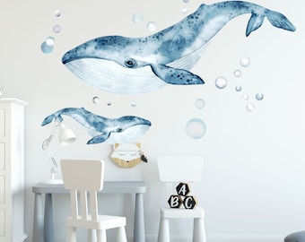 Watercolor Blue Whale Wall Decal – Mum & Baby Ocean Stickers – Nursery Removable Fabric Wall Art for Kids Room - BR017