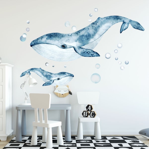 Watercolor Blue Whale Mum with Baby Whale Wall Decal - Removable Peel and Stick - BR017