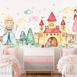 女の子の部屋にぴったりの夢のようなプリンセス城と馬車のウォールデカール - BR313
