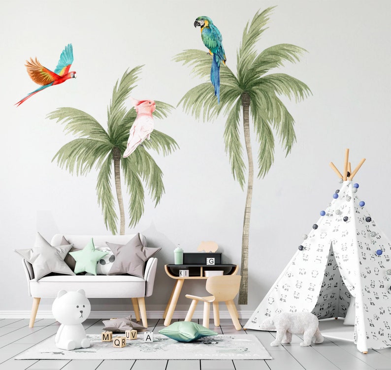 Tropical Coconut Trees with Parrots Wall Decal Removable Peel and Stick BR293 image 2