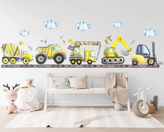 Yellow Construction Vehicles Wall Decal Set – Watercolor Trucks, Diggers, Cranes & Road for Kids Nursery Room-BR345