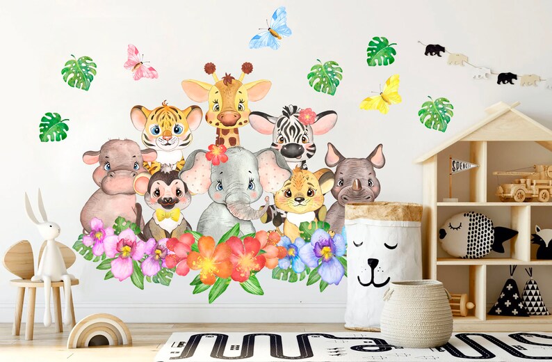 African Animal Babies Jungle Palm Wall Decal - Removable Peel and Stick ...