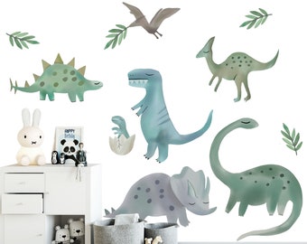 Watercolor Dinosaur Wall Decal – Blue Green Dino Stickers for Kids Room, Nursery Fabric Wall Art – Removable & Reusable - BR001
