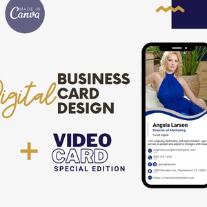 Digitaal visitekaartje met afbeelding en video voor Canva, Canva-sjablonen