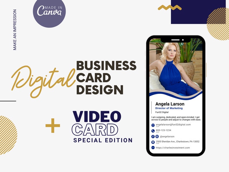 May include: A digital business card design template featuring a woman in a blue dress. The card includes the text "Angela Larson, Director of Marketing, Fun32 Digital" and contact information.