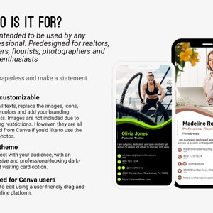 May include: Two mobile phone mockups displaying digital visiting cards for a personal trainer and a florist. The cards feature a dark background with green and brown accents. The text on the cards includes the names, titles, contact information, and website addresses of the individuals.