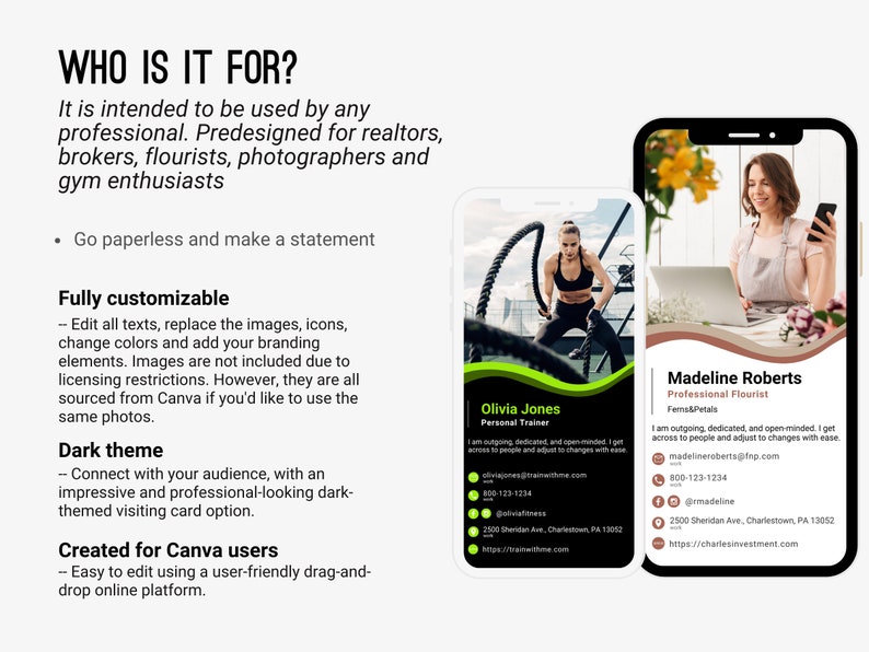 May include: Two mobile phone mockups displaying digital visiting cards for a personal trainer and a florist. The cards feature a dark background with green and brown accents. The text on the cards includes the names, titles, contact information, and website addresses of the individuals.