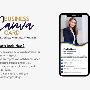 May include: A digital business card template with a photo of a woman and text that says "Business Canva Card, Go Paperless and Make a Statement". The card includes the woman's name, title, company, email address, phone number, social media handles, and website address.