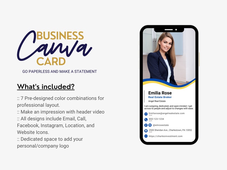 May include: A digital business card template with a photo of a woman and text that says "Business Canva Card, Go Paperless and Make a Statement". The card includes the woman's name, title, company, email address, phone number, social media handles, and website address.