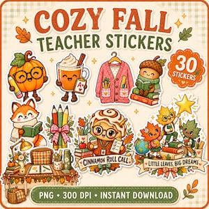 Peut inclure: Un ensemble de 30 autocollants numériques intitulés Cozy Fall Teacher Stickers, illustrant une citrouille, une tasse de café, un gilet rose, un gland, un renard, des crayons, un roulé à la cannelle et des enfants-feuilles avec le texte Little Leaves, Big Dreams.