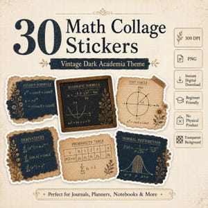 Peut inclure: Une collection numérique de 30 autocollants de collage mathématique avec des textures de papier bleu foncé et beige, présentant des formules mathématiques comme la formule d'Euler, des équations quadratiques, des cercles trigonométriques et des lois normales.