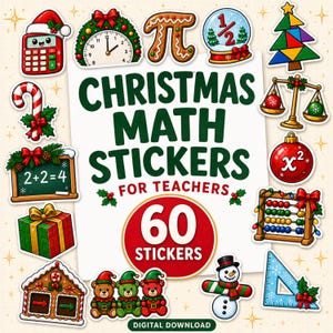 Peut inclure: Une collection d'autocollants de mathématiques sur le thème de Noël avec une calculatrice, une horloge, le symbole pi, une boule à neige, un sapin, une balance, une boule, un boulier, une règle, un bonhomme de neige, des ours et un cadeau.
