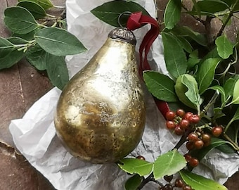 Vintage Antique Gold Glass Pear Bauble Hanging Decoration with Velvet Ribbon