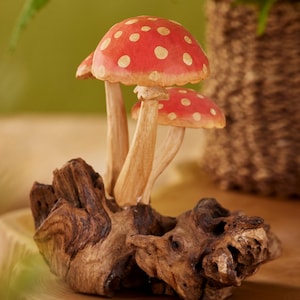 May include: A decorative mushroom sculpture featuring three red caps with white spots. The mushrooms are attached to a piece of natural wood, creating a whimsical and earthy aesthetic. The sculpture is a charming accent piece.