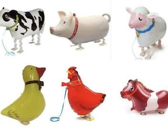 FARM ANIMALS Walking Balloons Party Pack of 6 - Cow, Pig, Sheep, Duck, Hen, Pony