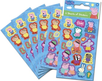 Może przedstawiać: Sześć arkuszy naklejek Peppa Pig z różnymi postaciami z serialu, w tym Peppa, George, Tata Świnka i Mama Świnka. Naklejki są kolorowe i mają błyszczące wykończenie.