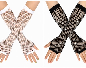 Long Fishnet Rhinestone Fingerless Gloves – Prom Night Retro Fancy Dress 1980's