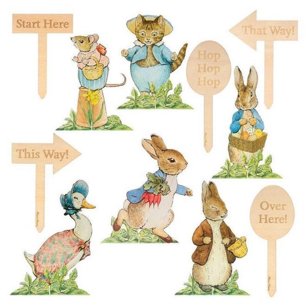 Kit de búsqueda de huevos de Pascua de Peter Rabbit, 6 personajes y 6 estacas de madera grabadas