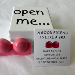 Puede incluir: Un objeto rosa con forma de sujetador, una caja blanca con la inscripción "open me..." y una tarjeta con el texto "A good friend is like a bra". La tarjeta también tiene un gráfico de un sujetador.