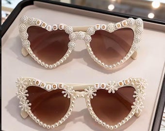 Bride To Be Heart Shaped Cream Pearl Sunglasses Hen Bachelorette Party - 4 Styles