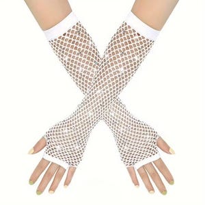 May include: White fishnet gloves with a wrist cuff and open fingers. The gloves are made of a diamond-shaped mesh and are embellished with small, sparkling accents. The gloves are designed to be worn on the arms and hands.