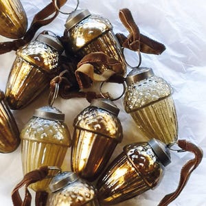 Vintage Antique Glass Golden Acorn Bauble Hanging Decoration with Velvet Ribbon