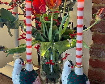 Hand Painted Christmas Bird Partridge Red and Green Large Ceramic Dinner Candle Holder 20cm