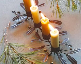 Antique Vintage Christmas Mistletoe Dinner Candle Holder Centre Piece Gold Rust Effect