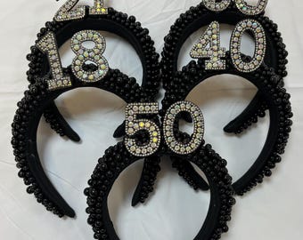 Personalised Black Pearl Headband Any Age 18, 21, 30, 40, 50, 60, 70 Tiara Party Crown Birthday Gift with Rhinestone Number