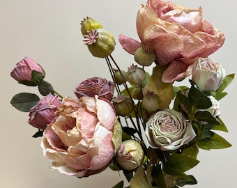 Pastel Peony, Roses and Papaver, Dusky Pink and White Mix Silky Feel, Quality Faux Artificial Flowers