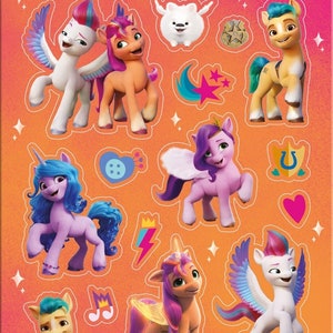 May include: Six sheets of My Little Pony stickers featuring characters from the movie, including a unicorn, a pegasus, and a pony with a crown. The stickers are on a pink and orange background with stars.