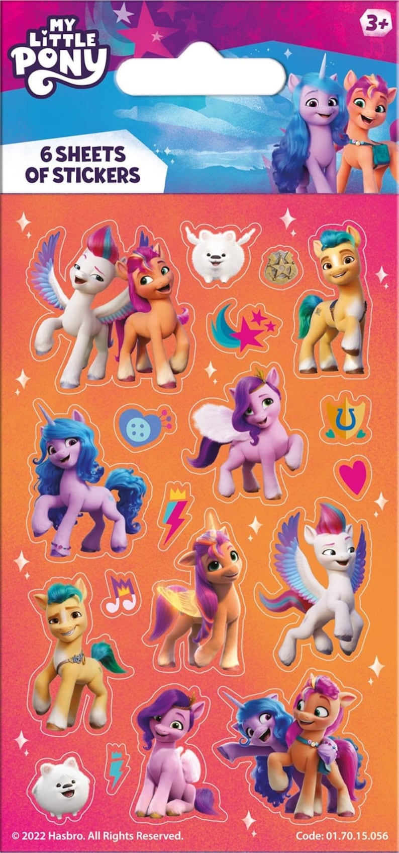 May include: Six sheets of My Little Pony stickers featuring characters from the movie, including a unicorn, a pegasus, and a pony with a crown. The stickers are on a pink and orange background with stars.