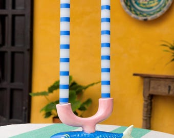 Blue and White Striped Tall Dinner Candles, Summer, Easter