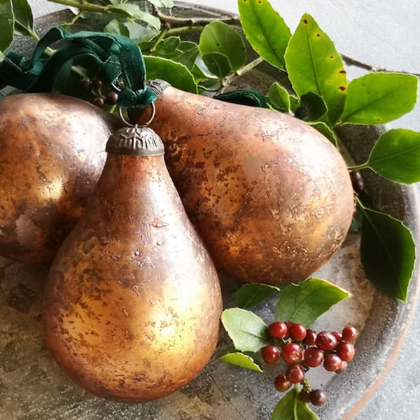 Vintage Antique Russet Glass Pear Bauble Hanging Decoration with Velvet Ribbon