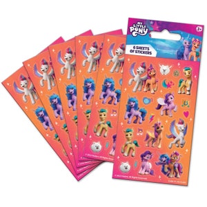 May include: Six sheets of My Little Pony stickers featuring characters from the new movie. The stickers are on a pink and orange background with a holographic finish.